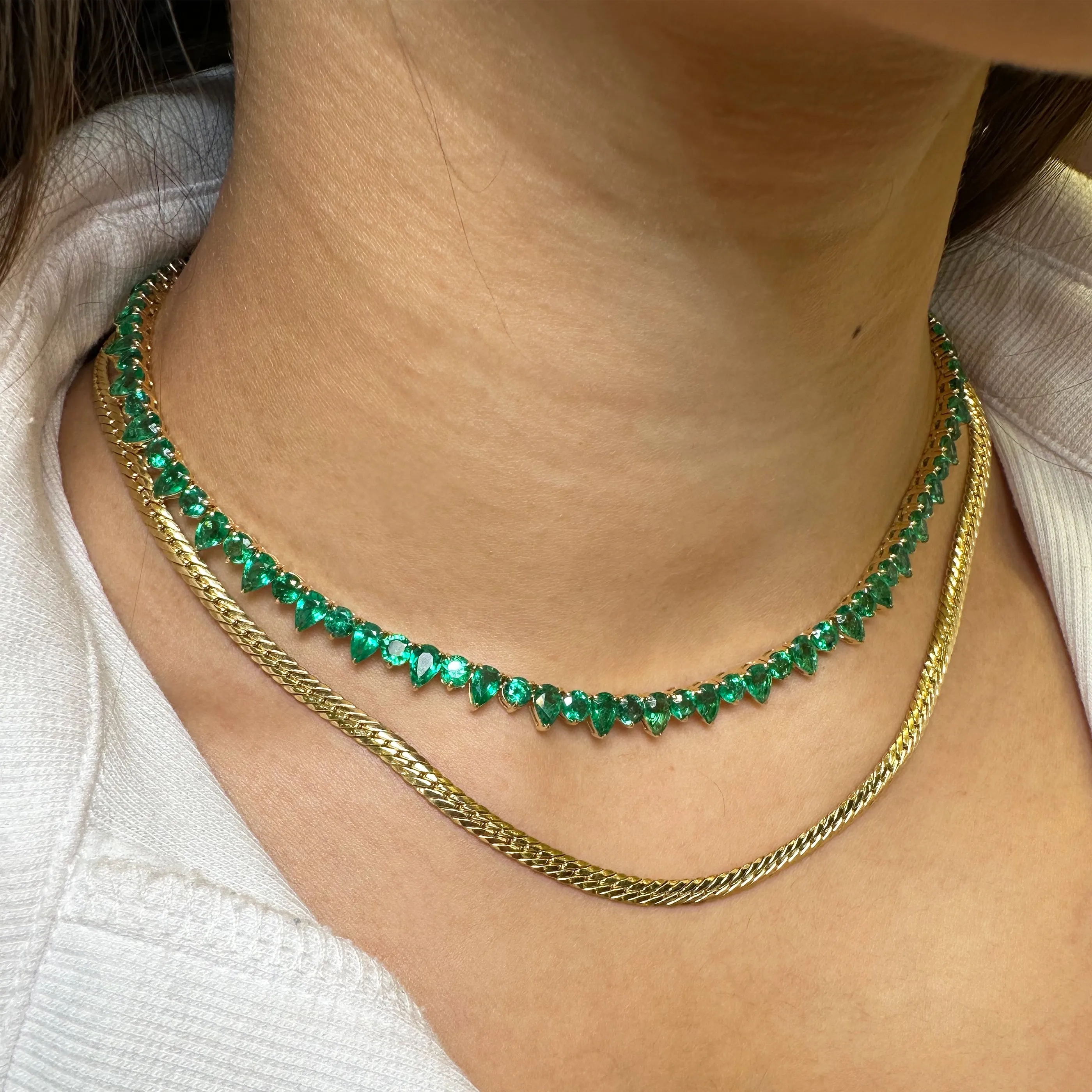 Riviera Pear and Round Brilliant Cut Emerald Gemstone Necklace | 18K Yellow Gold