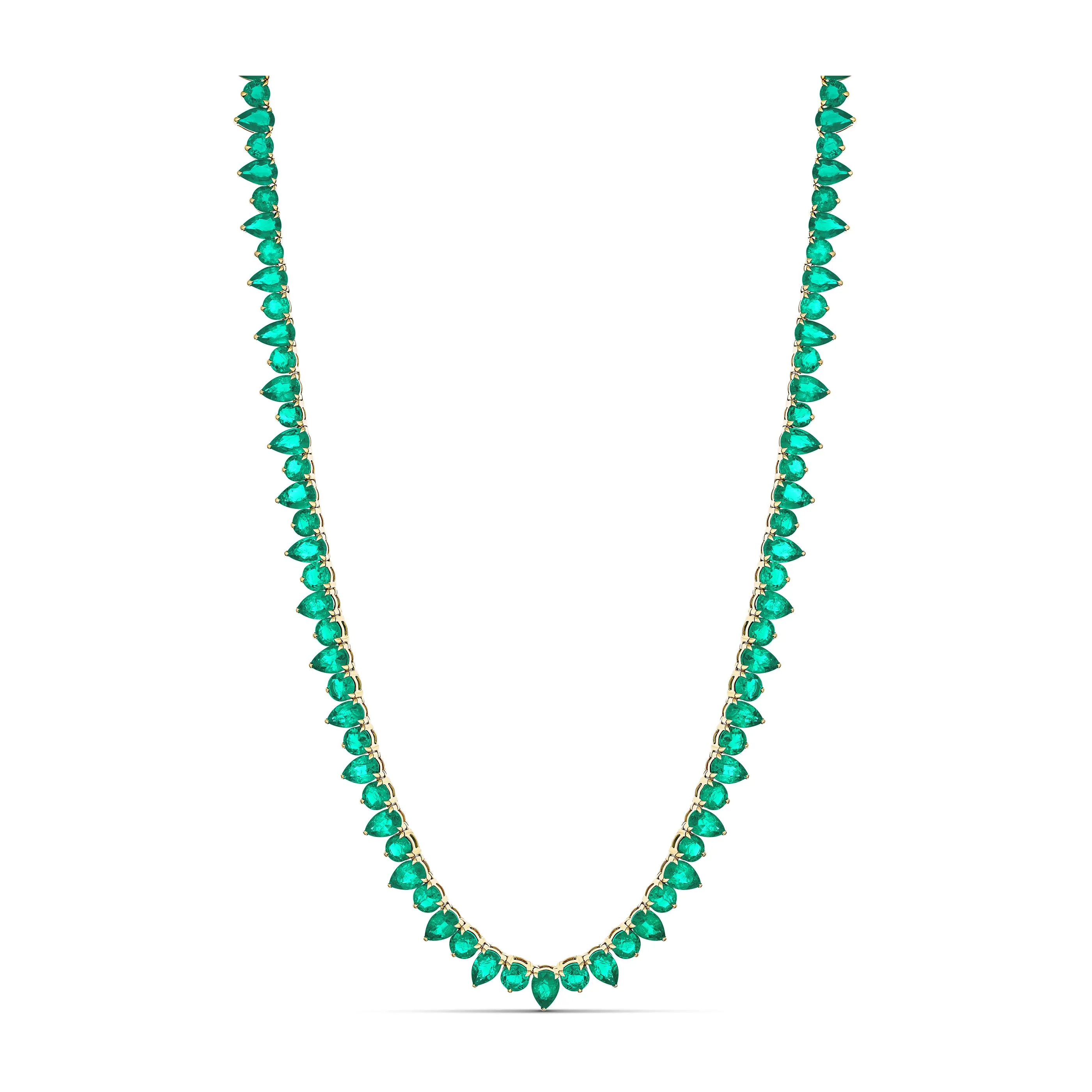 Riviera Pear and Round Brilliant Cut Emerald Gemstone Necklace | 18K Yellow Gold