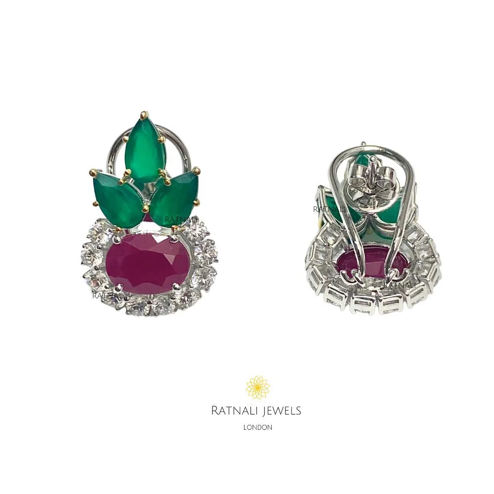 Rose | Real silver Ruby and Emerald Stud Earrings on Silver Base, Ruby stud earrings, Gemstone stud earrings