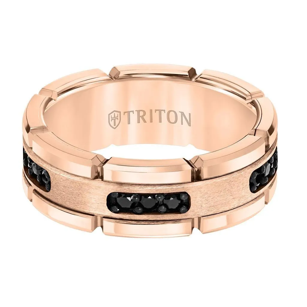 ROSETTE Flat Rose Gold Plated Tungsten Ring with Black Diamond Settings by Triton Rings - 8mm