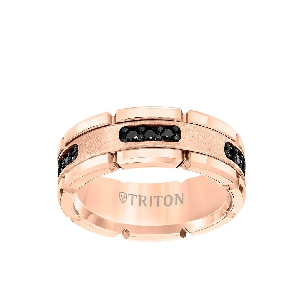 ROSETTE Flat Rose Gold Plated Tungsten Ring with Black Diamond Settings by Triton Rings - 8mm