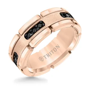 ROSETTE Flat Rose Gold Plated Tungsten Ring with Black Diamond Settings by Triton Rings - 8mm