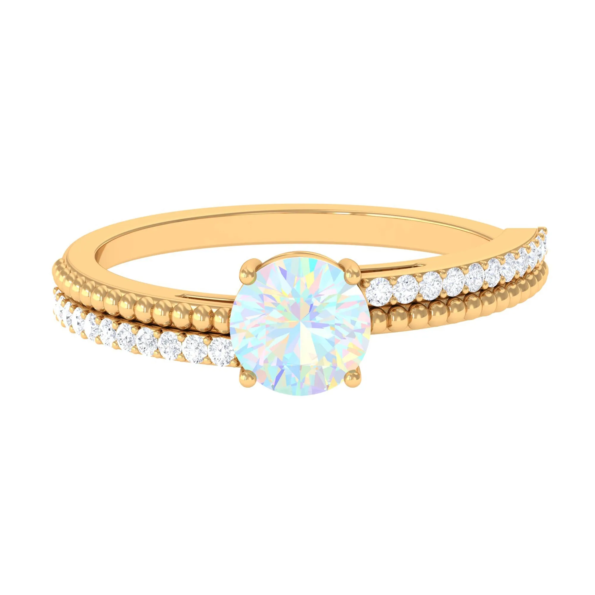 Round Ethiopian Opal Solitaire Ring with Diamond Side Stones