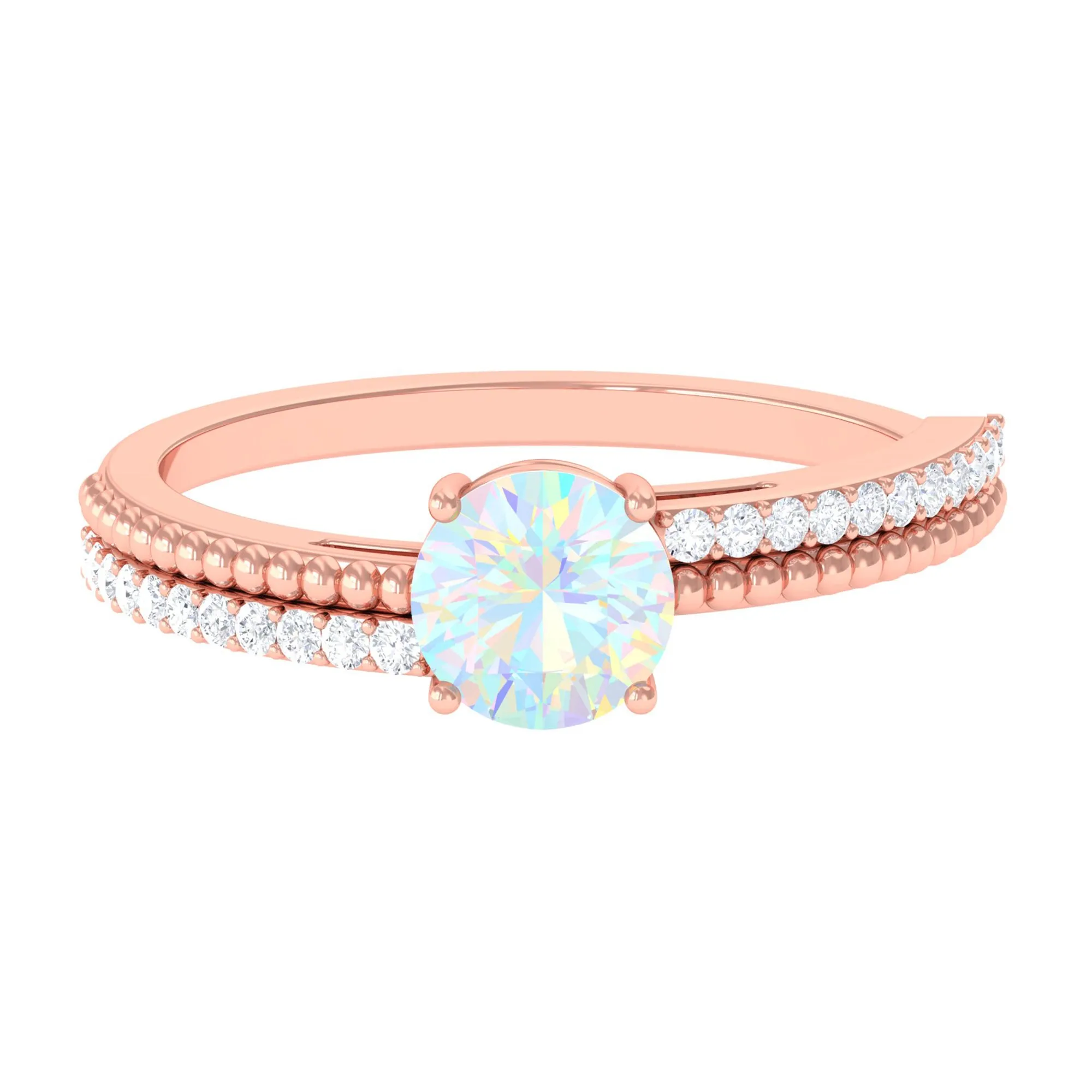 Round Ethiopian Opal Solitaire Ring with Diamond Side Stones