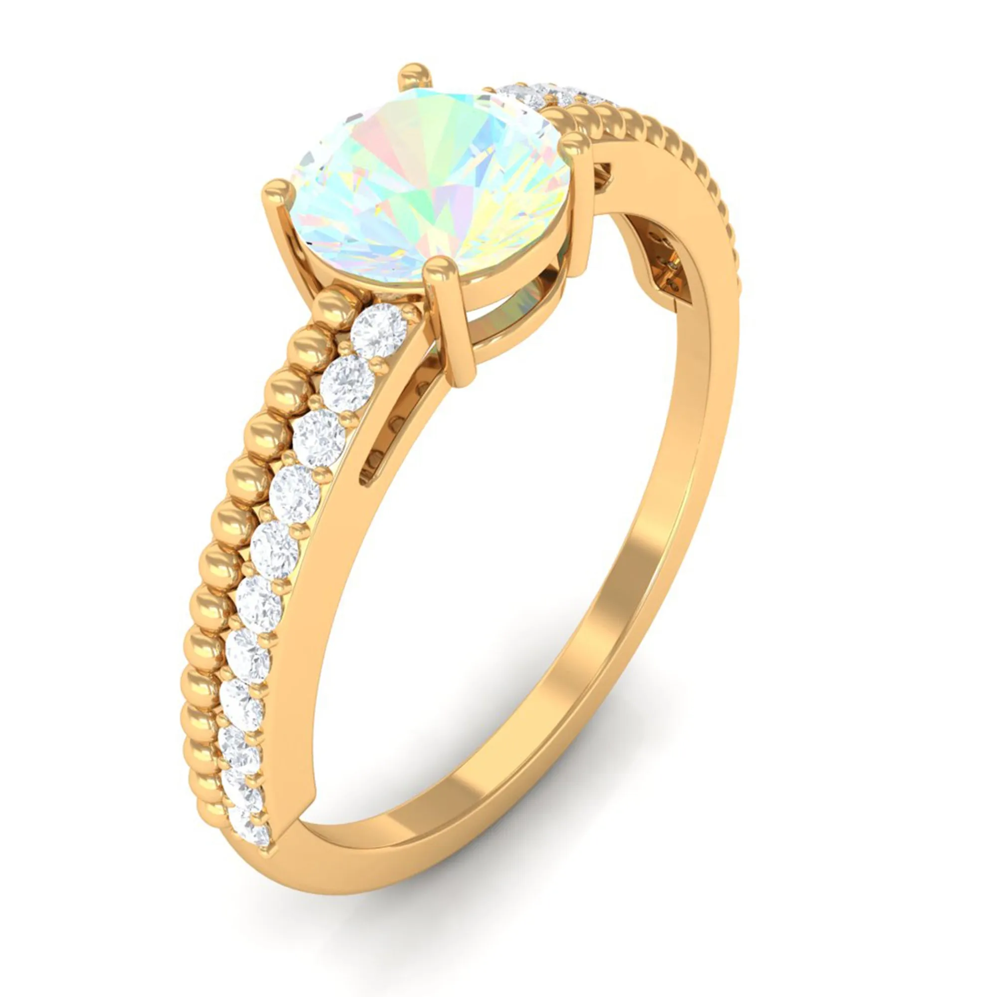 Round Ethiopian Opal Solitaire Ring with Diamond Side Stones