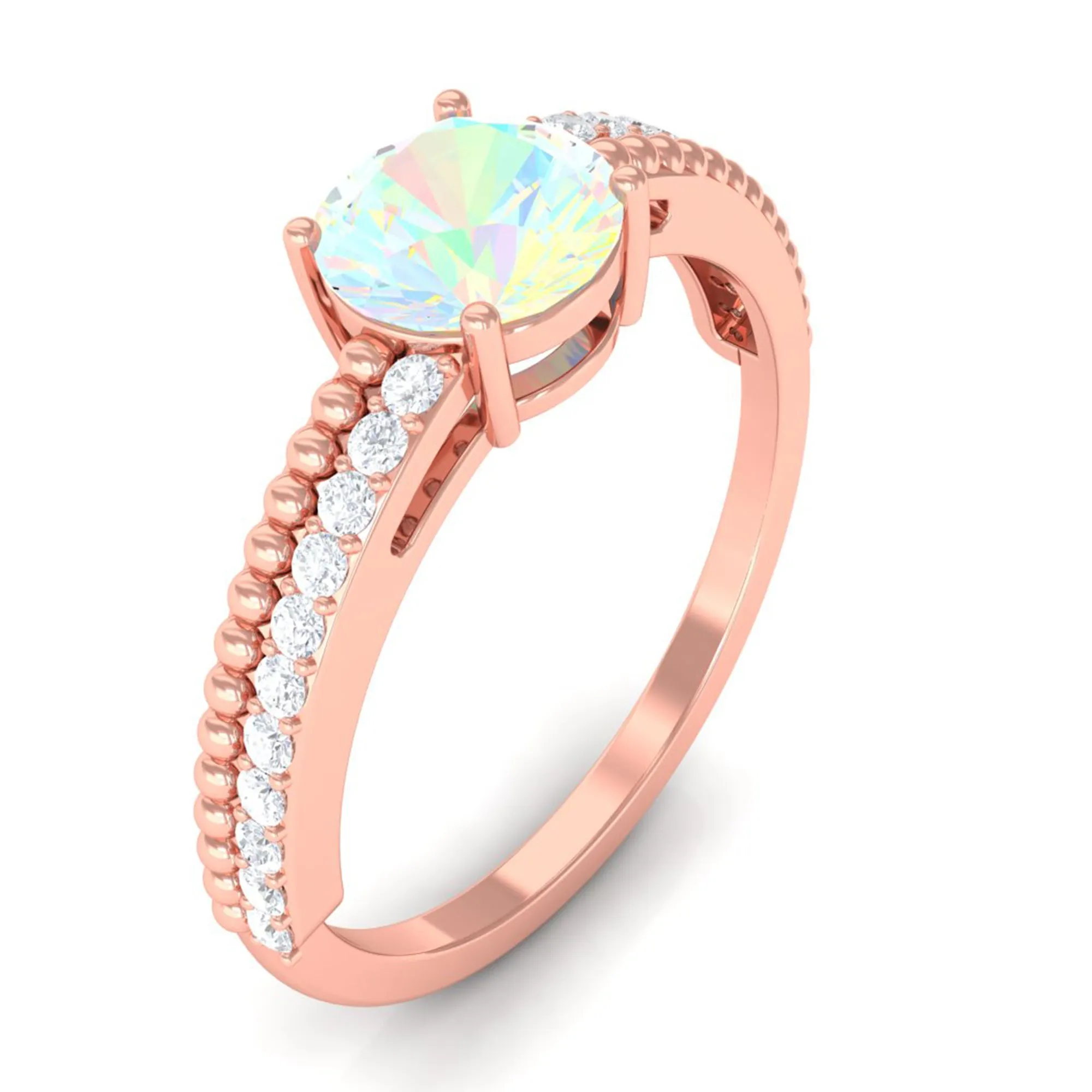 Round Ethiopian Opal Solitaire Ring with Diamond Side Stones