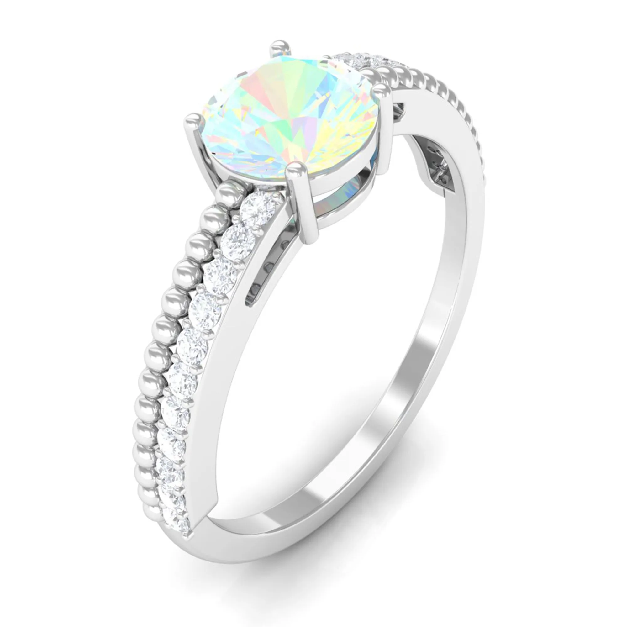 Round Ethiopian Opal Solitaire Ring with Diamond Side Stones