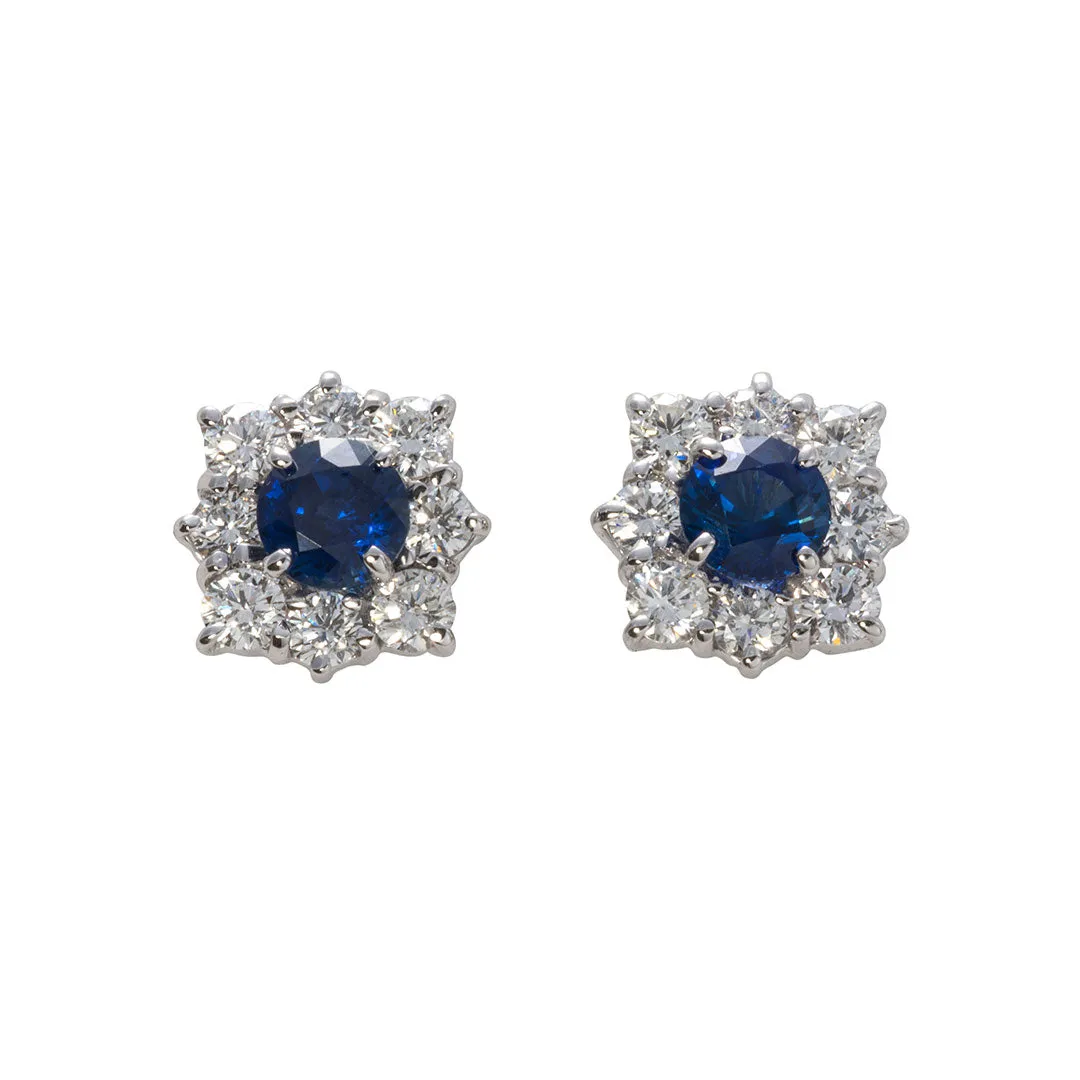 Round Sapphire & Diamond Cluster 18K Gold Stud Earrings