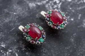 Ruby Flower Earrings - Red Oval Earrings - Vintage Multistone Earrings