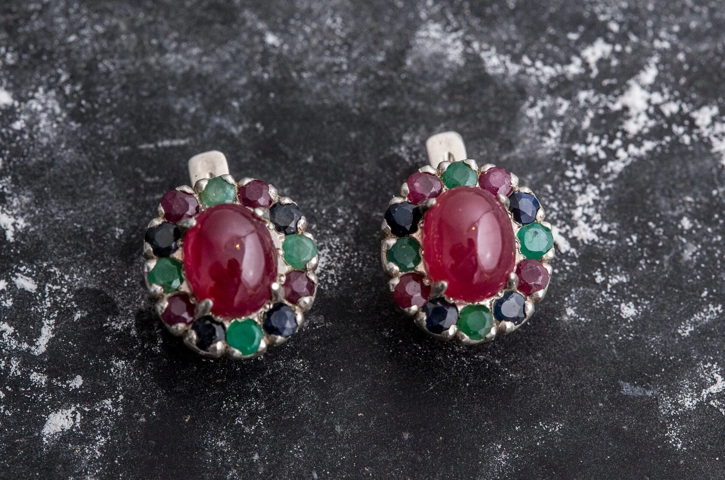 Ruby Flower Earrings - Red Oval Earrings - Vintage Multistone Earrings