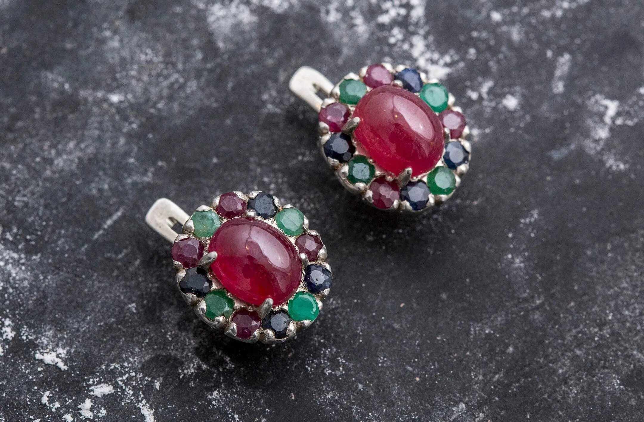 Ruby Flower Earrings - Red Oval Earrings - Vintage Multistone Earrings