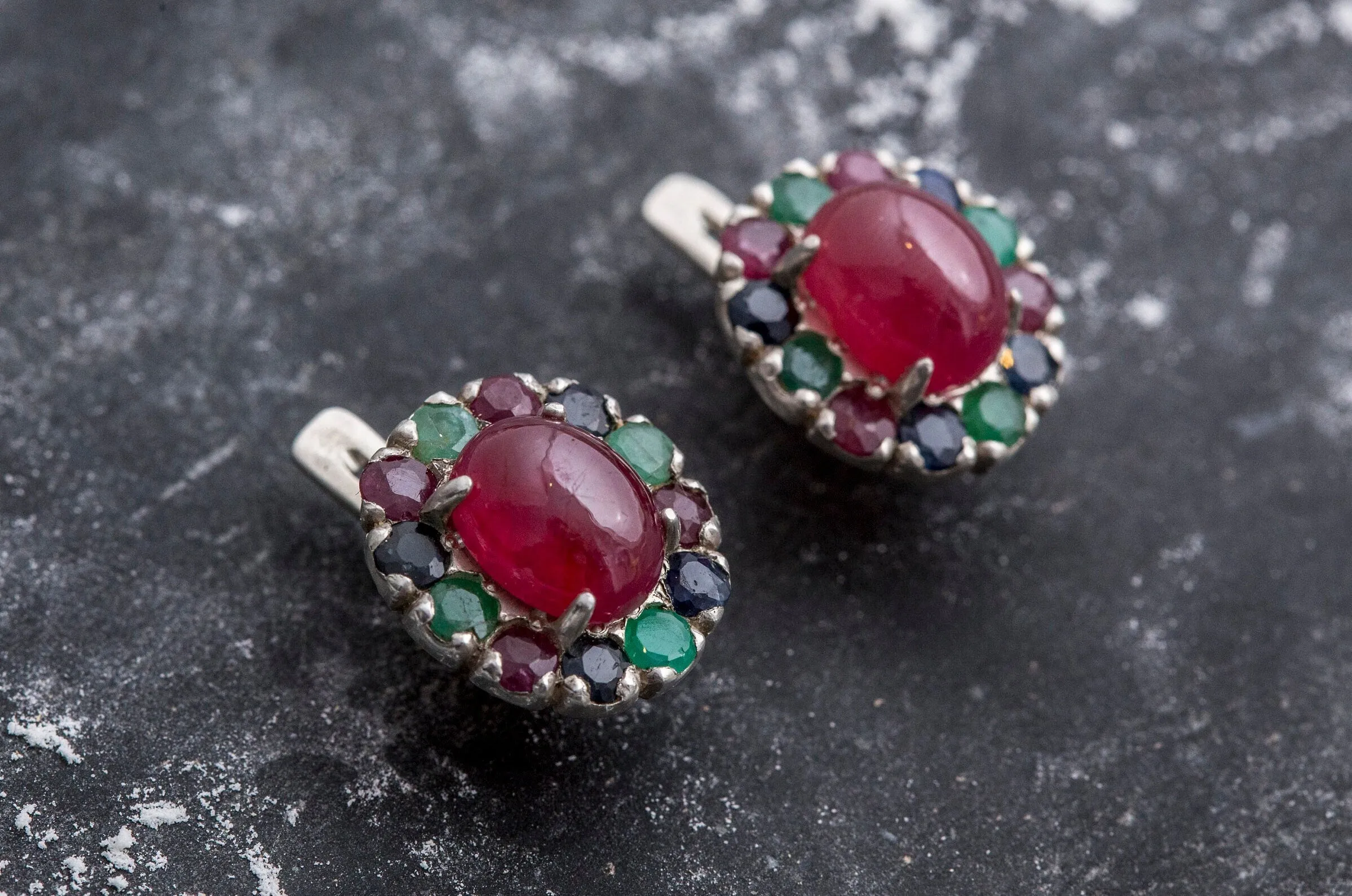 Ruby Flower Earrings - Red Oval Earrings - Vintage Multistone Earrings