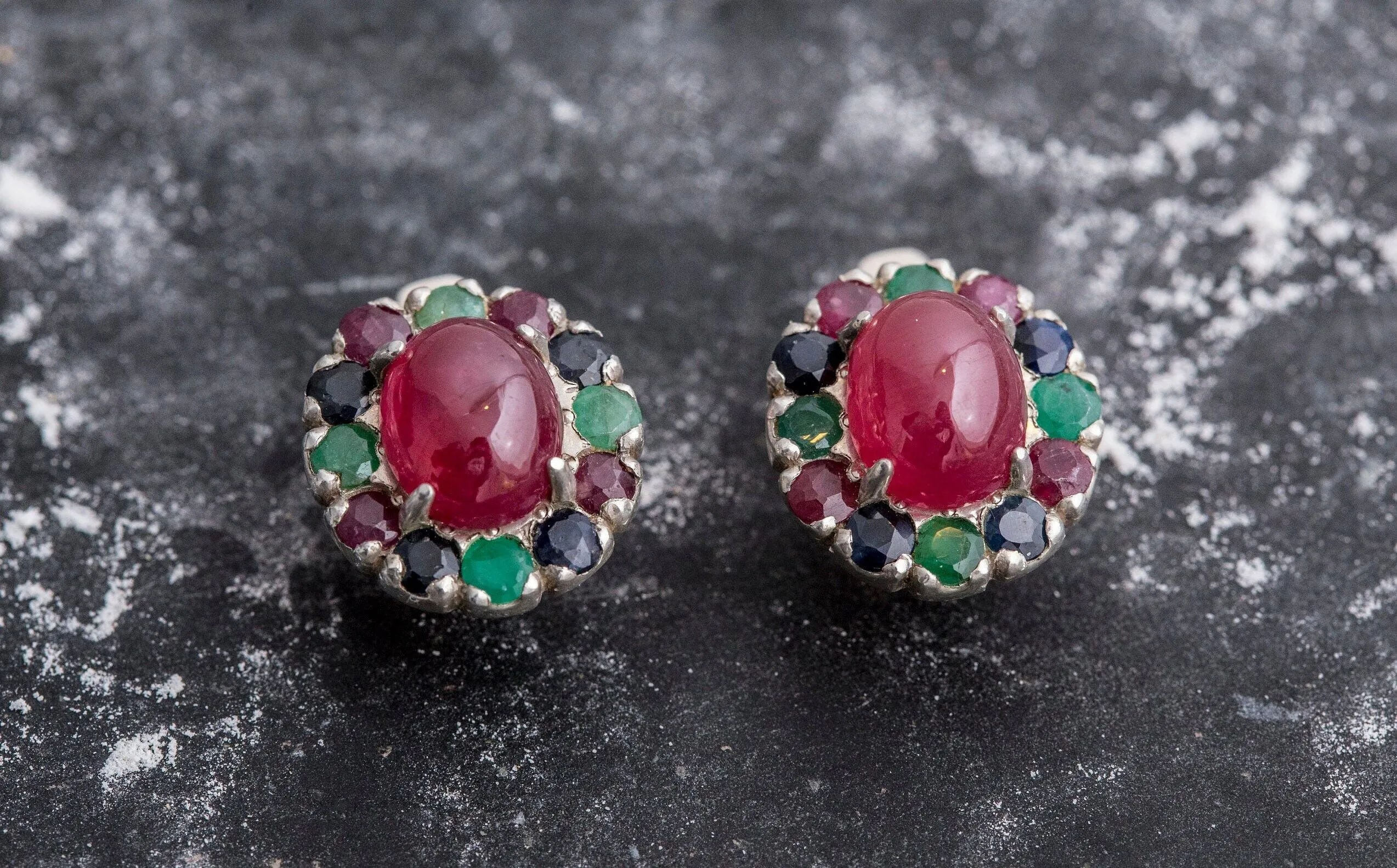 Ruby Flower Earrings - Red Oval Earrings - Vintage Multistone Earrings