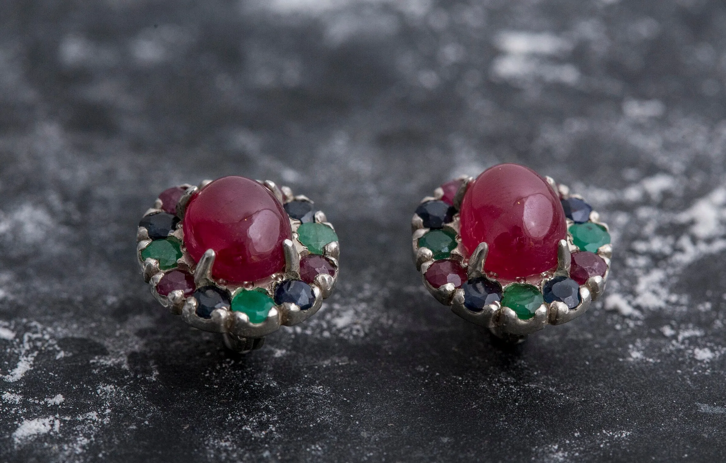 Ruby Flower Earrings - Red Oval Earrings - Vintage Multistone Earrings