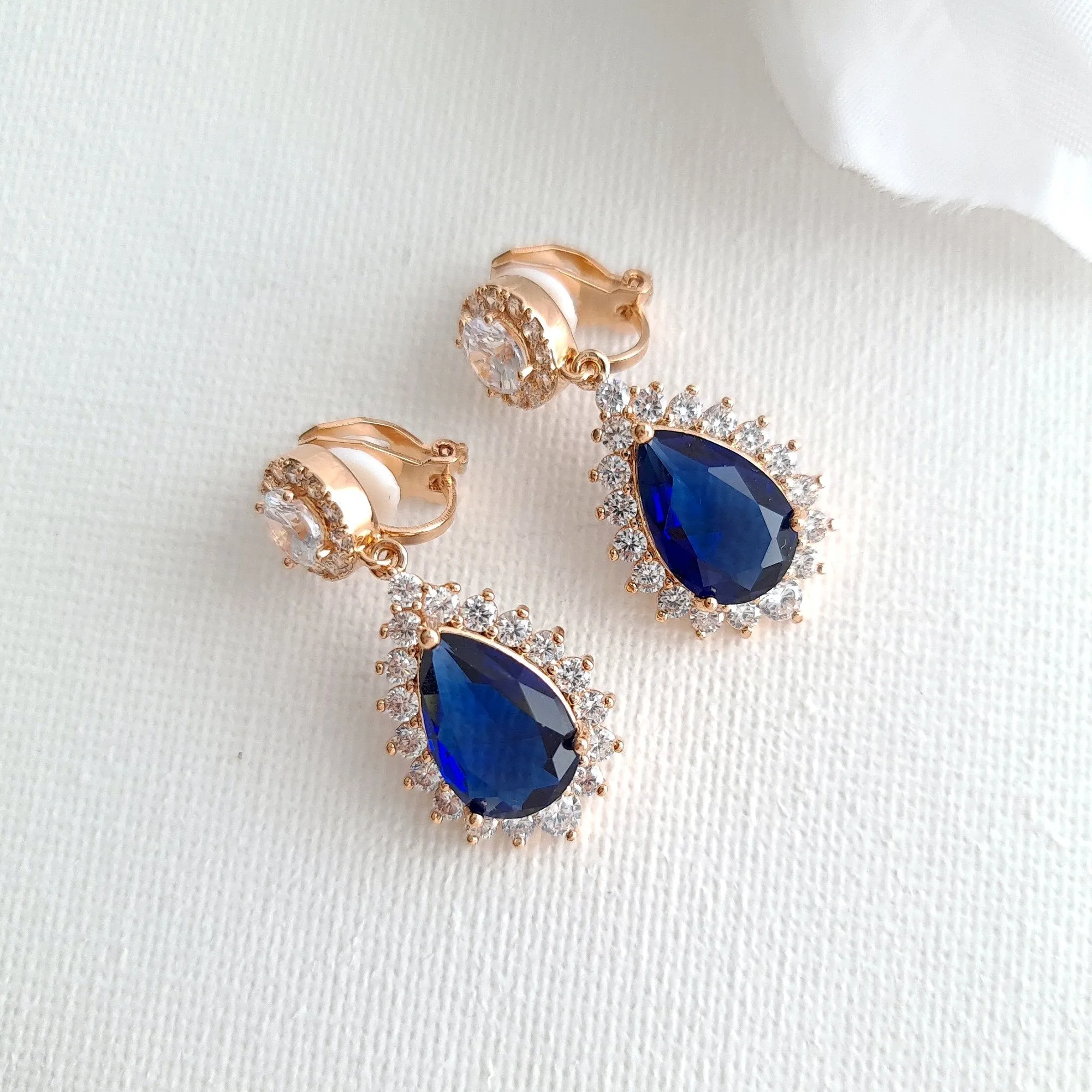 Sapphire Blue Clip On Bridal Earrings-Aoi