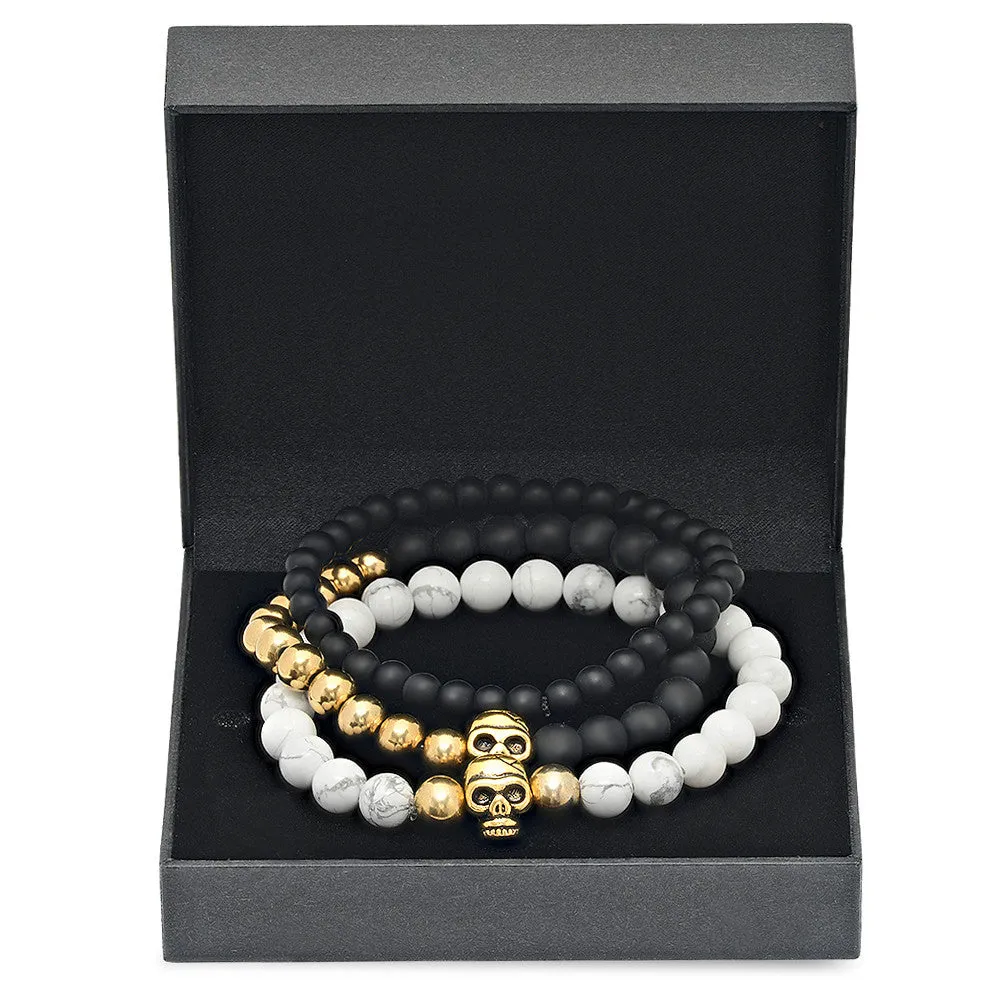 Set of 3 Beaded 18k Gold Plated Skull Bracelets