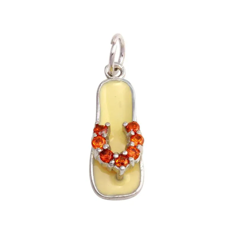 Silver 925 Rhodium Plated White Enamel Orange CZSandal Pendant