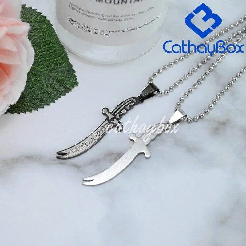 Silver Black Tone Islamic Imam Ali Zulfiqar Sword Pendant Necklace For Shia Muslim W/SS Chain 60CM Long