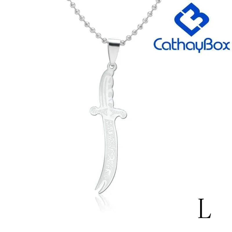 Silver Black Tone Islamic Imam Ali Zulfiqar Sword Pendant Necklace For Shia Muslim W/SS Chain 60CM Long