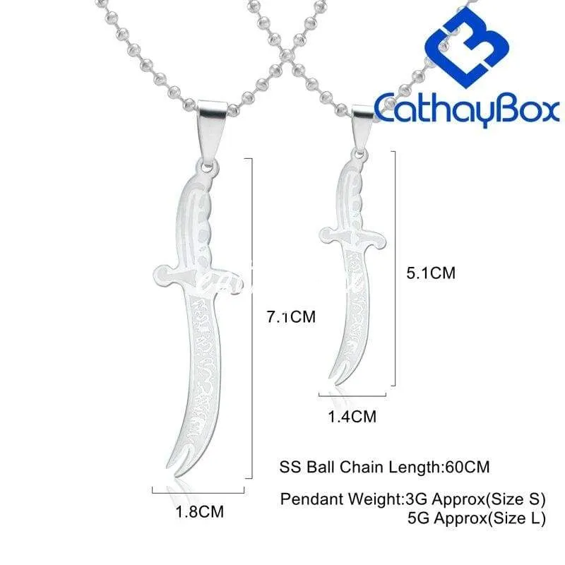 Silver Black Tone Islamic Imam Ali Zulfiqar Sword Pendant Necklace For Shia Muslim W/SS Chain 60CM Long