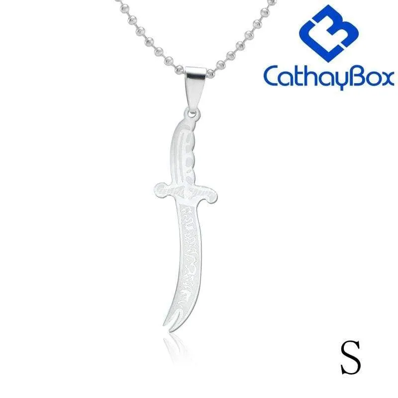 Silver Black Tone Islamic Imam Ali Zulfiqar Sword Pendant Necklace For Shia Muslim W/SS Chain 60CM Long