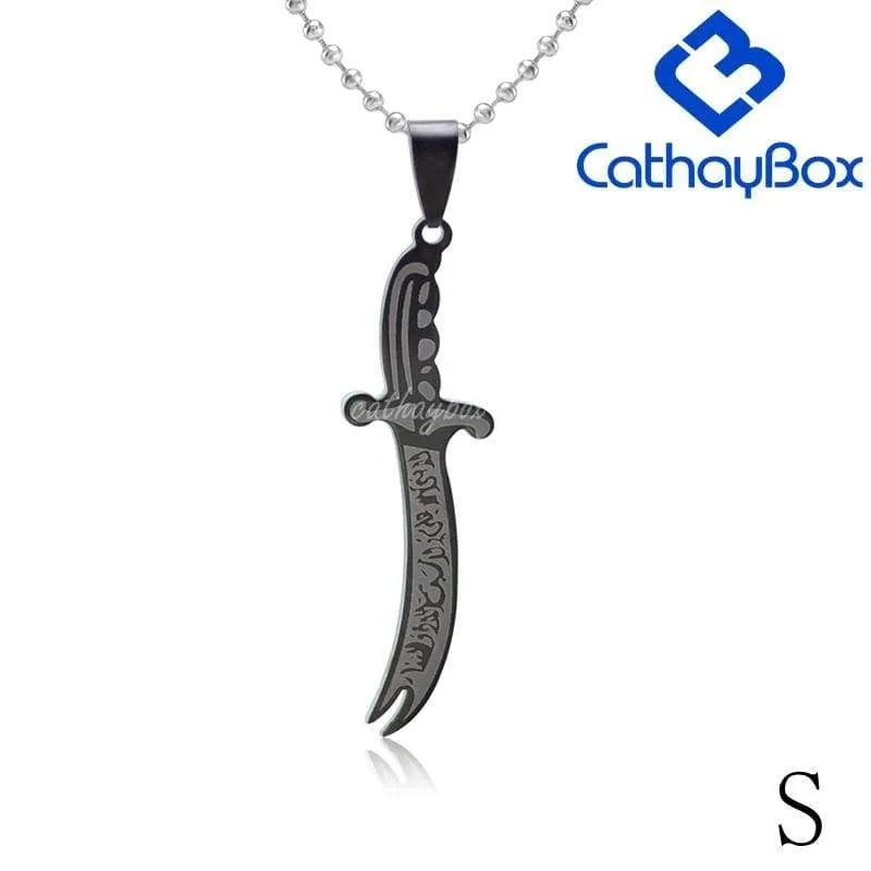 Silver Black Tone Islamic Imam Ali Zulfiqar Sword Pendant Necklace For Shia Muslim W/SS Chain 60CM Long