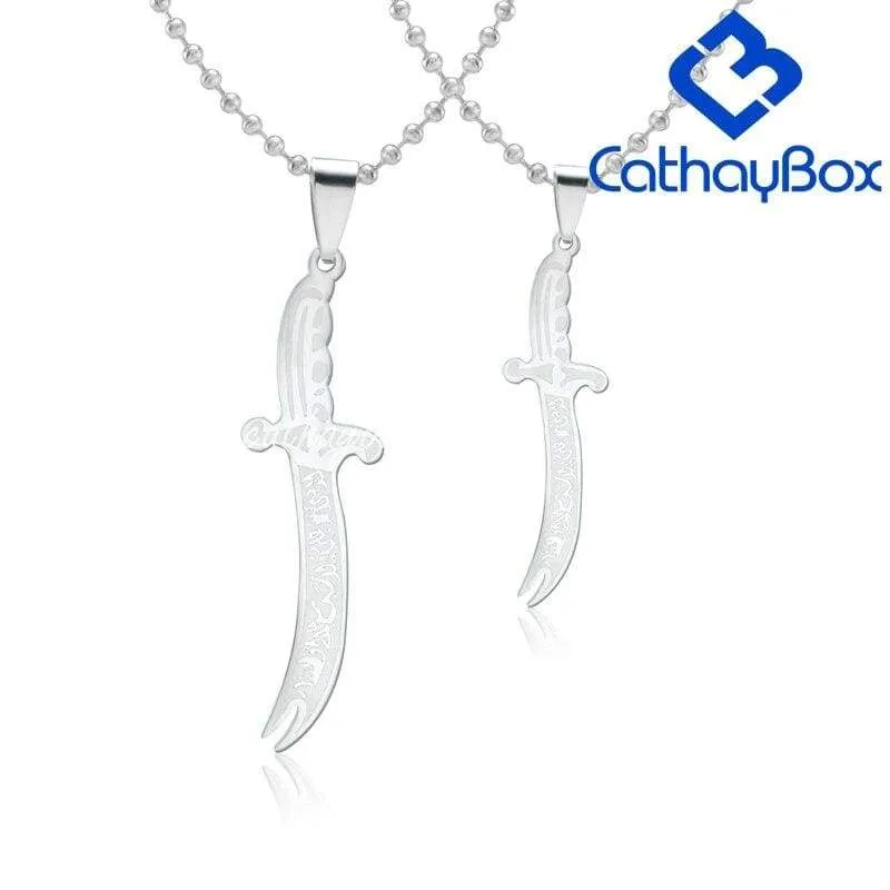 Silver Black Tone Islamic Imam Ali Zulfiqar Sword Pendant Necklace For Shia Muslim W/SS Chain 60CM Long