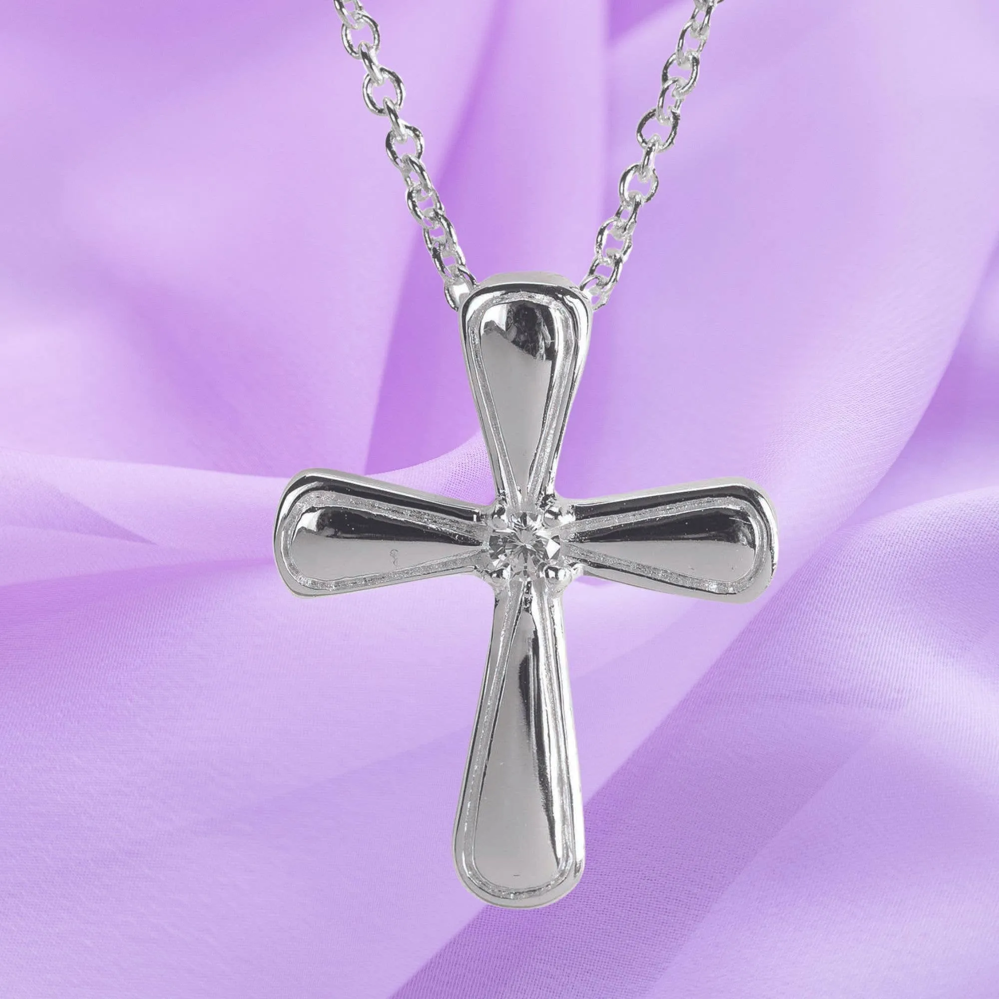 Silver Plated Petal Cross With CZ Necklace