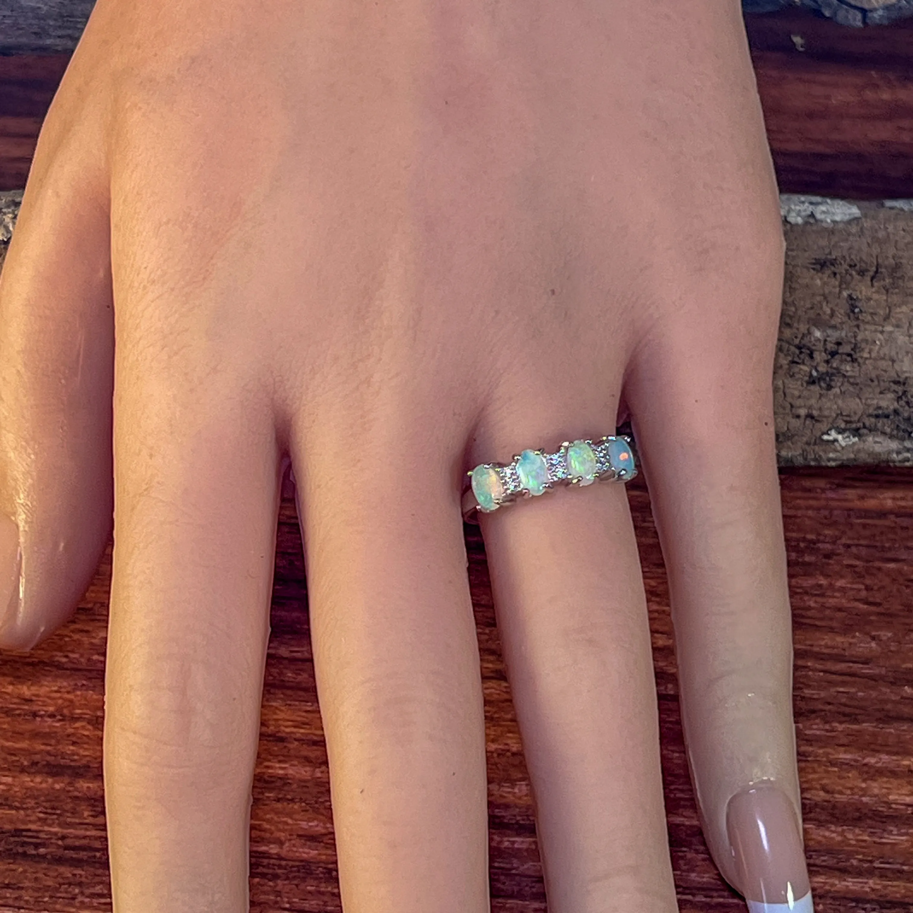 Sterling Silver 5x3mm Opal half eternity band