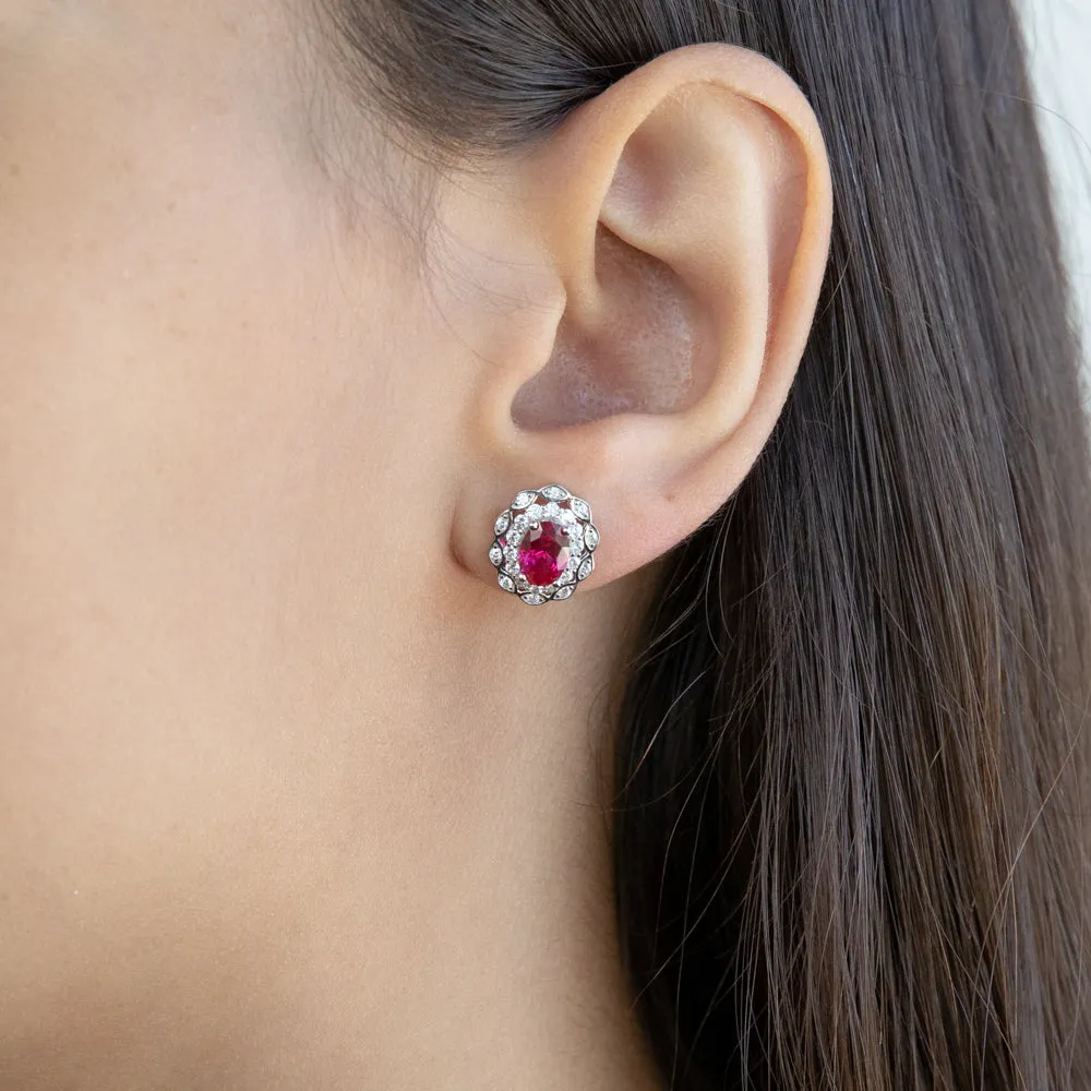 Sterling Silver Created Ruby and Zirconia Oval Earrings