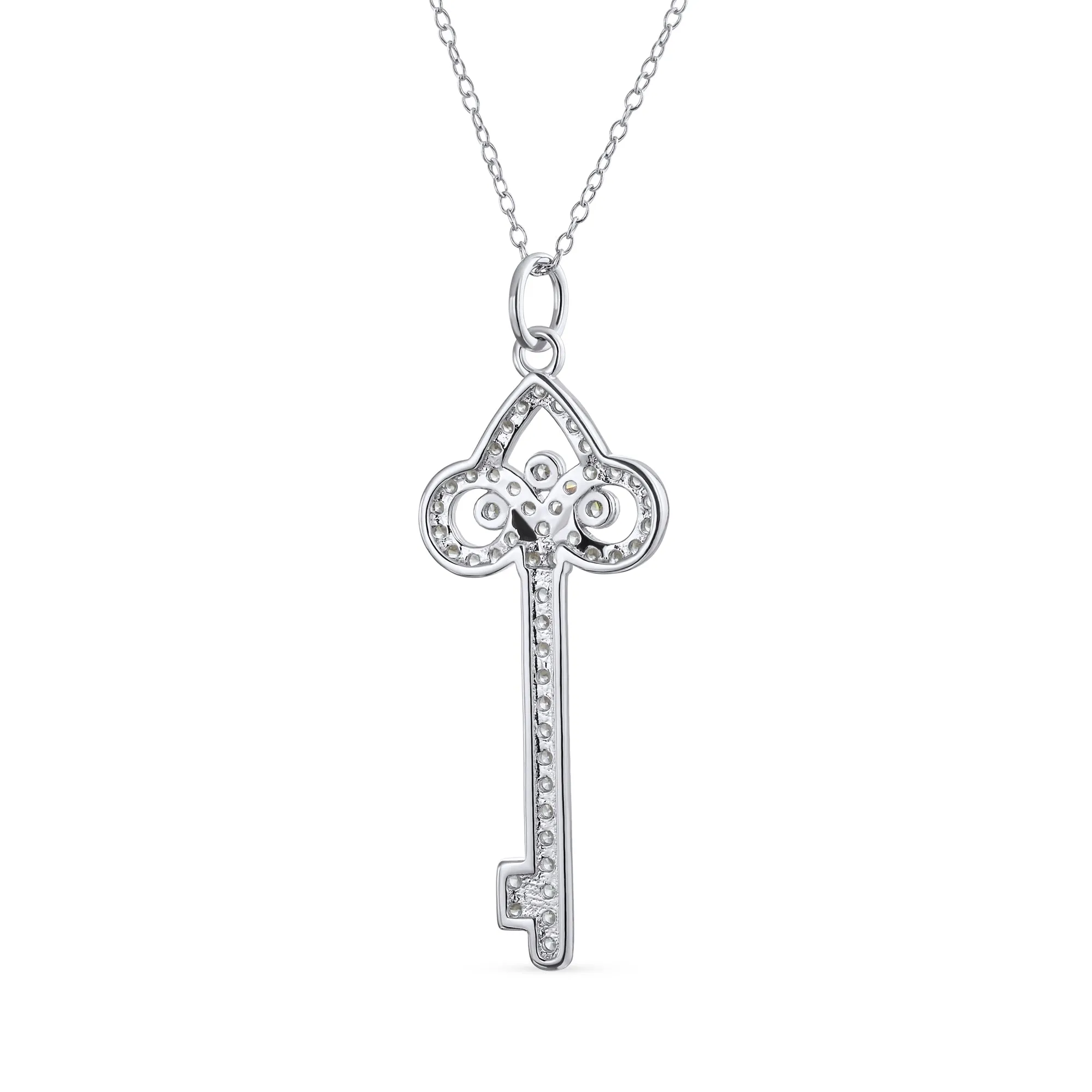 Sterling Silver Fleur De Lis Key Pendant Necklace with Pave Cubic Zirconia