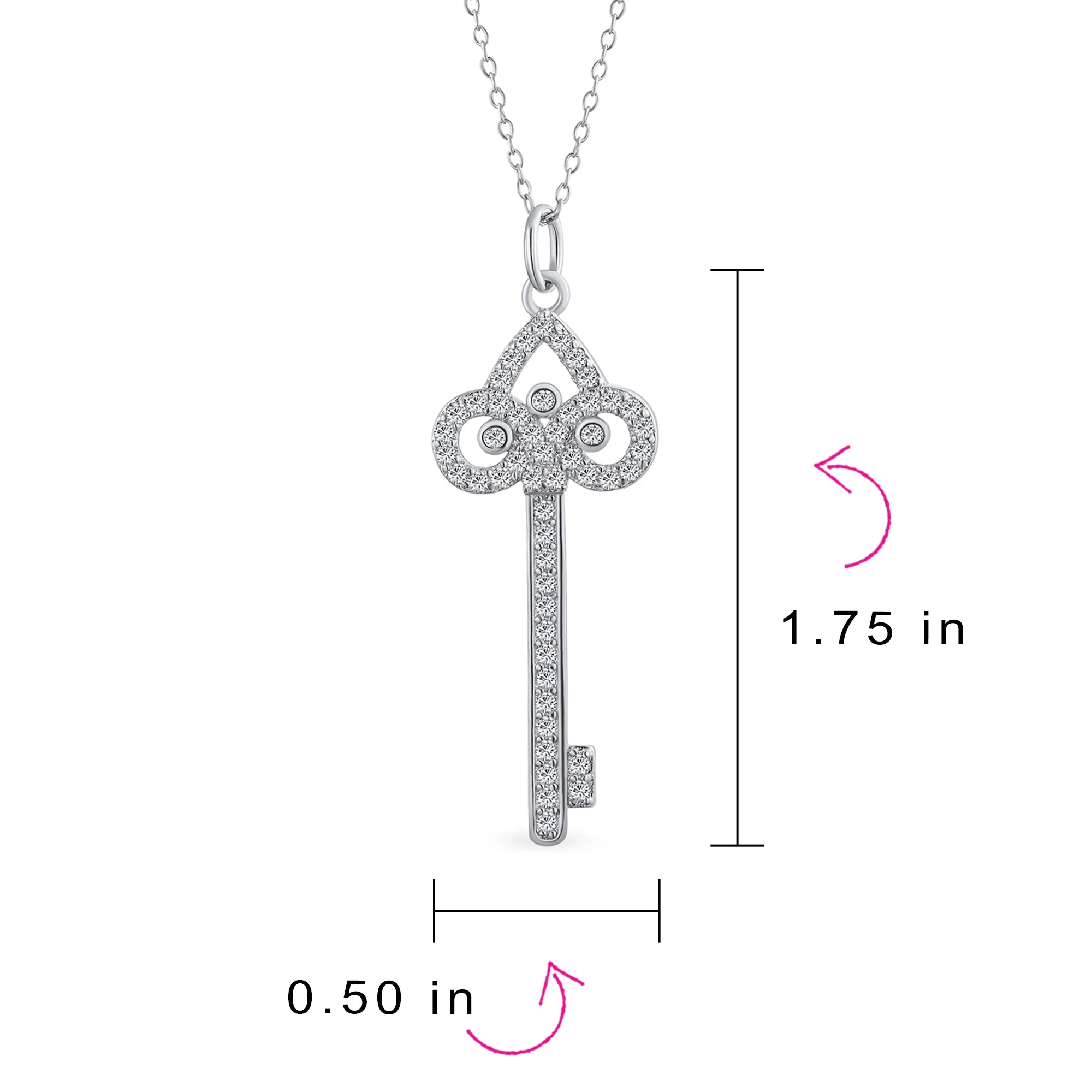 Sterling Silver Fleur De Lis Key Pendant Necklace with Pave Cubic Zirconia