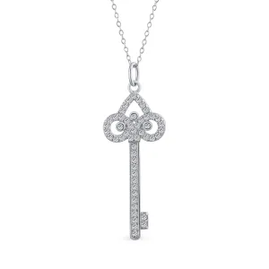 Sterling Silver Fleur De Lis Key Pendant Necklace with Pave Cubic Zirconia