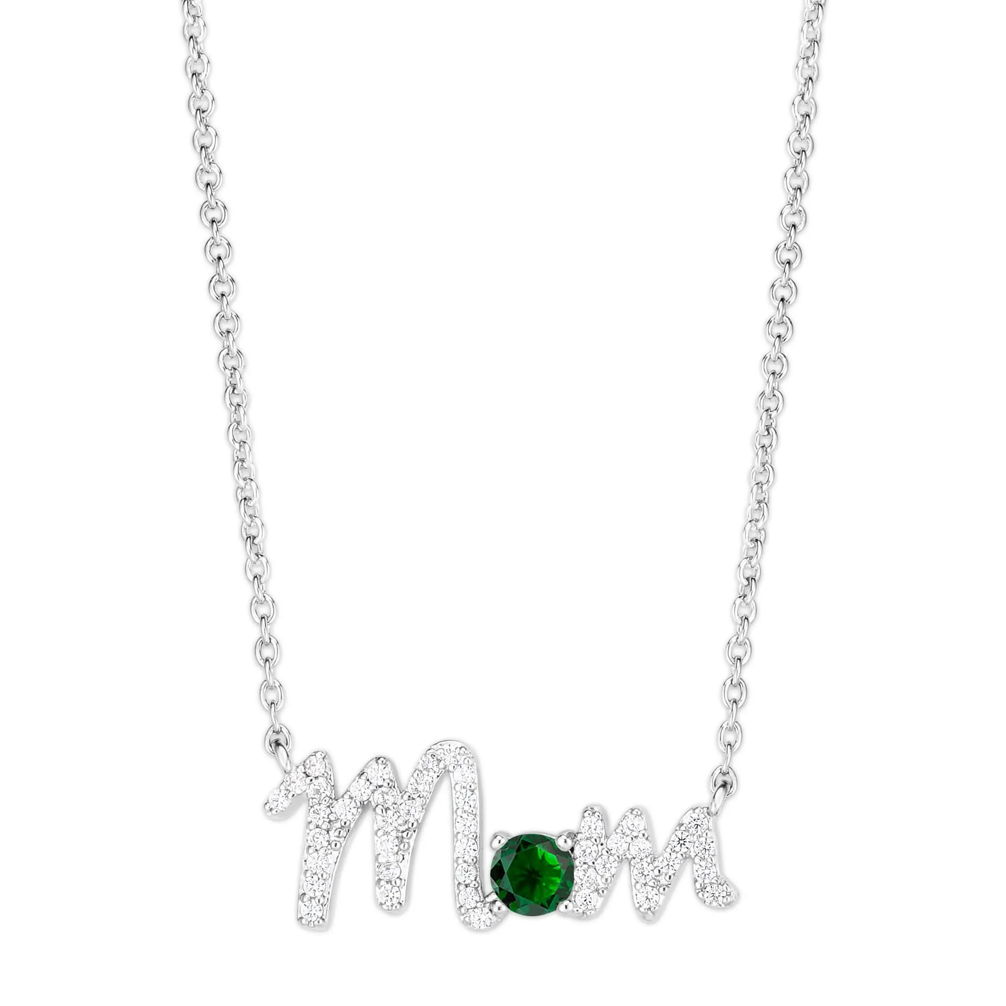 Sterling Silver Lab Gemstone Emerald "mom" Necklace