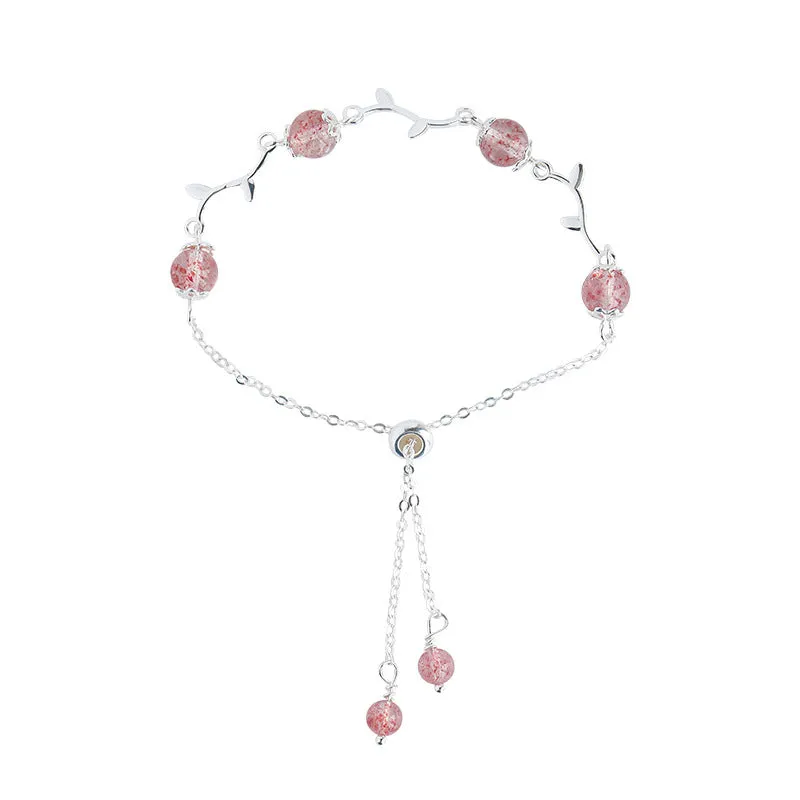 Sterling Silver Pink Strawberry Crystal Bracelet for Women Charms Gifts for Mom