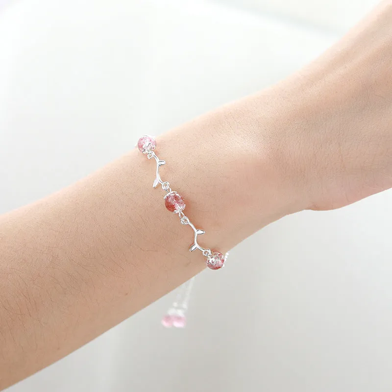 Sterling Silver Pink Strawberry Crystal Bracelet for Women Charms Gifts for Mom