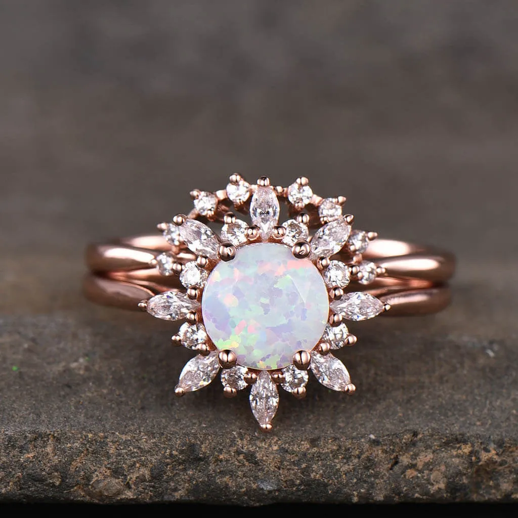 Sunflower Floral 1ct Opal Diamond/ Moissanite Engagement Ring Set 2pcs