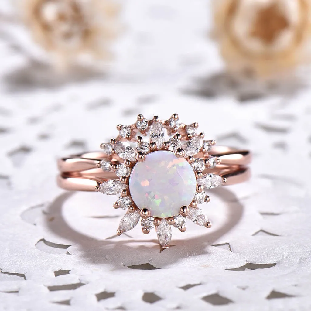 Sunflower Floral 1ct Opal Diamond/ Moissanite Engagement Ring Set 2pcs