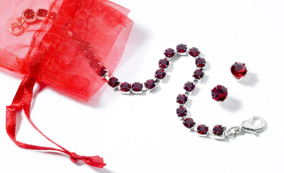 Swarovski Crystal in Siam Ruby Birthstone Bracelet & Earring Set in Sterling Silver Finish