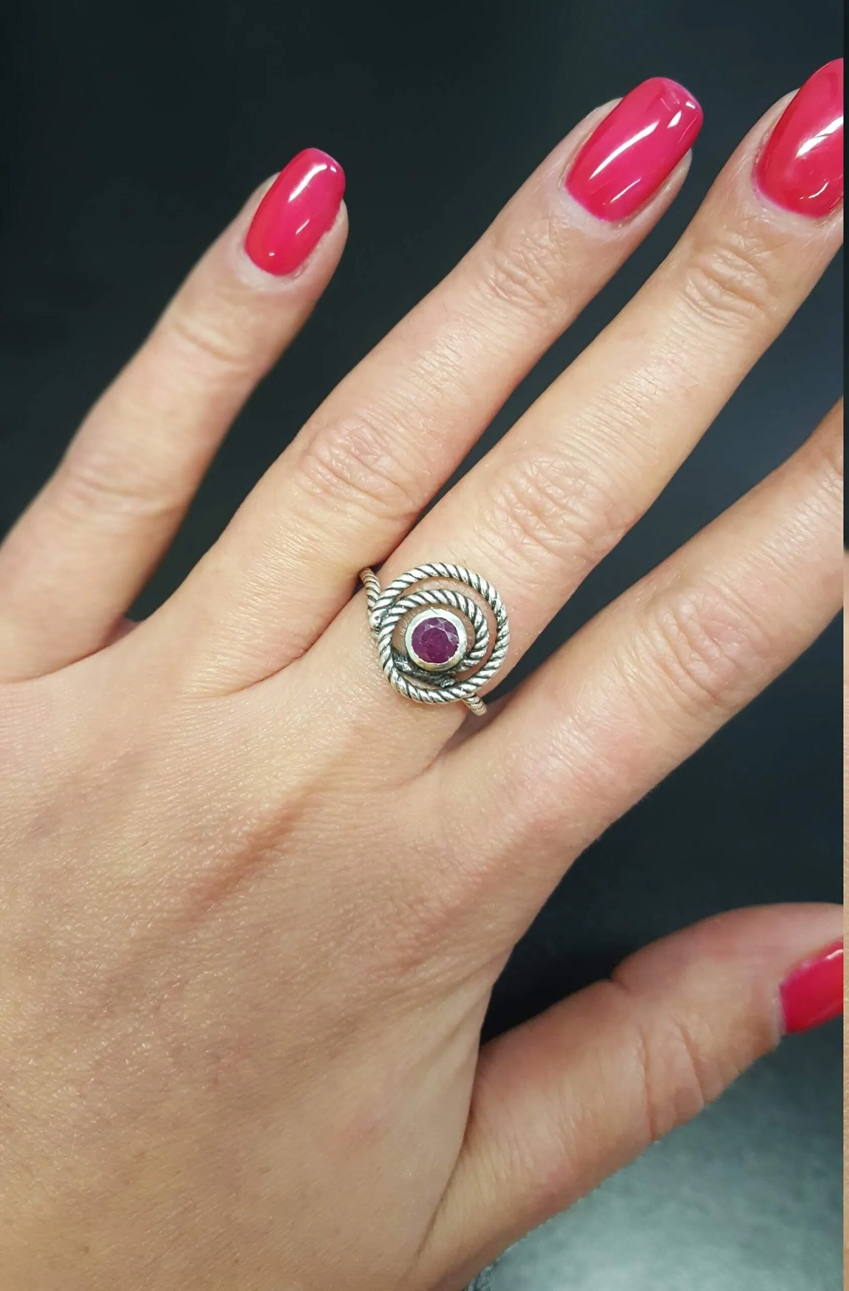 Swirl Ruby Ring - Spiral Rope Ring - Red Bezel Ring