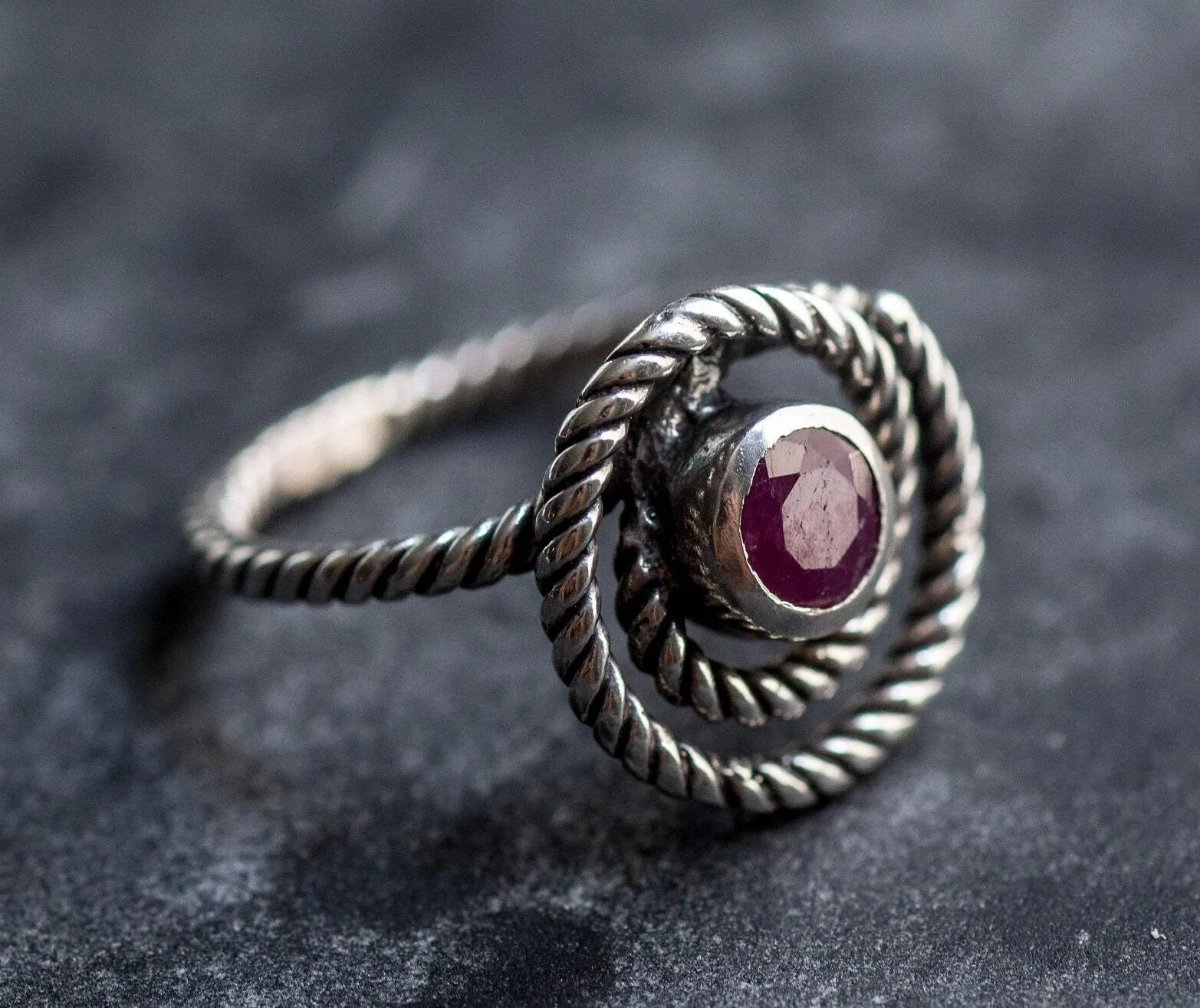 Swirl Ruby Ring - Spiral Rope Ring - Red Bezel Ring