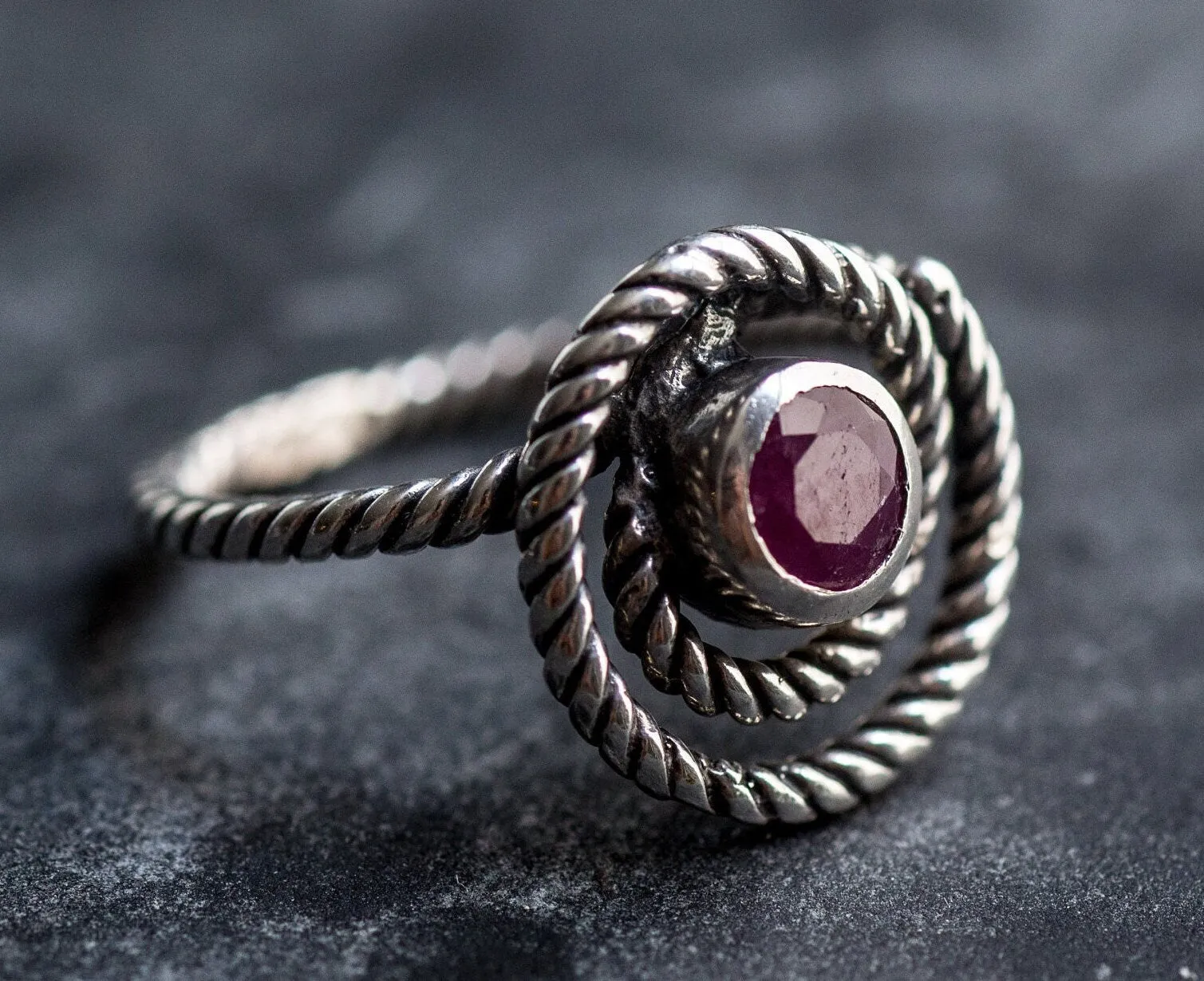 Swirl Ruby Ring - Spiral Rope Ring - Red Bezel Ring