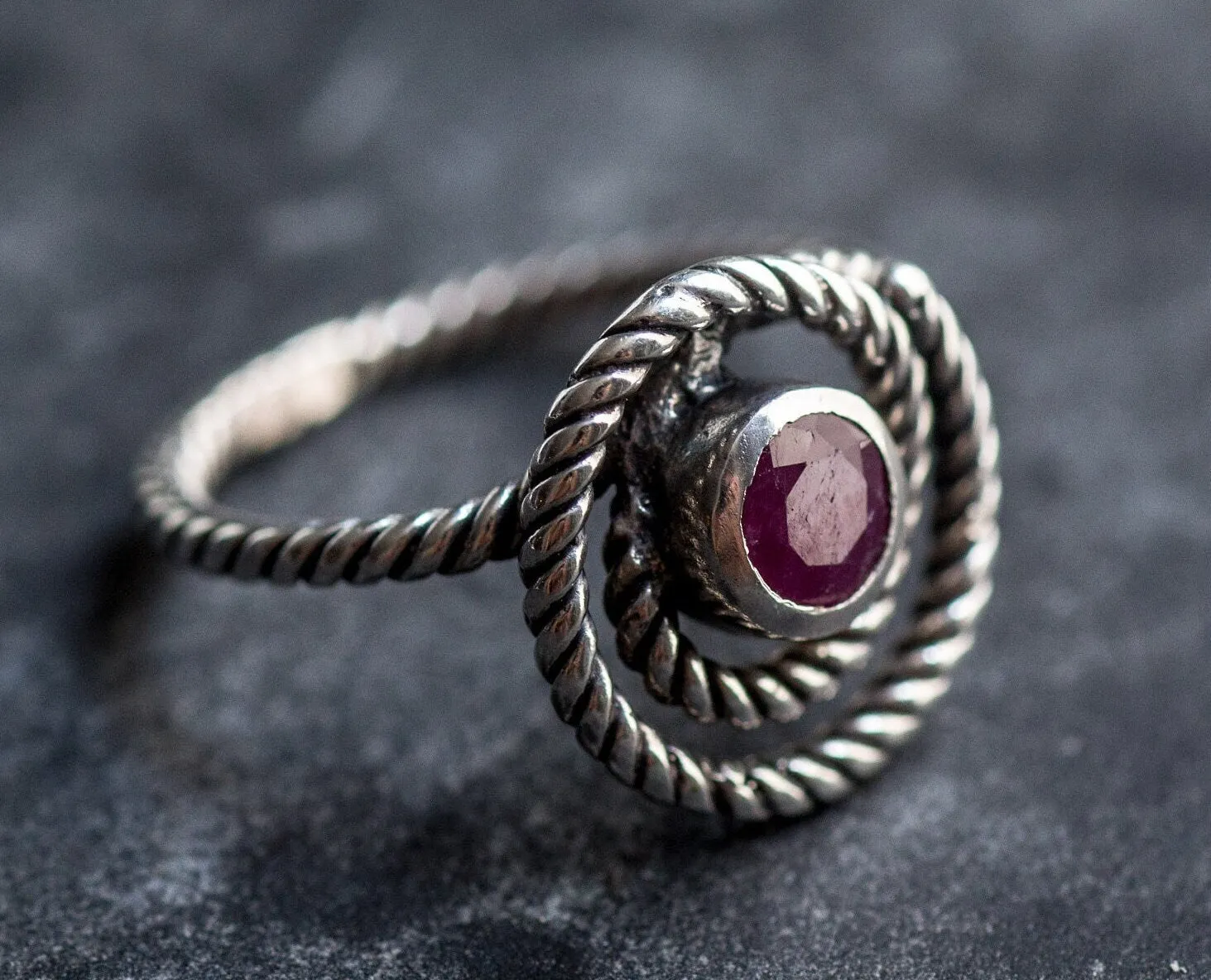 Swirl Ruby Ring - Spiral Rope Ring - Red Bezel Ring