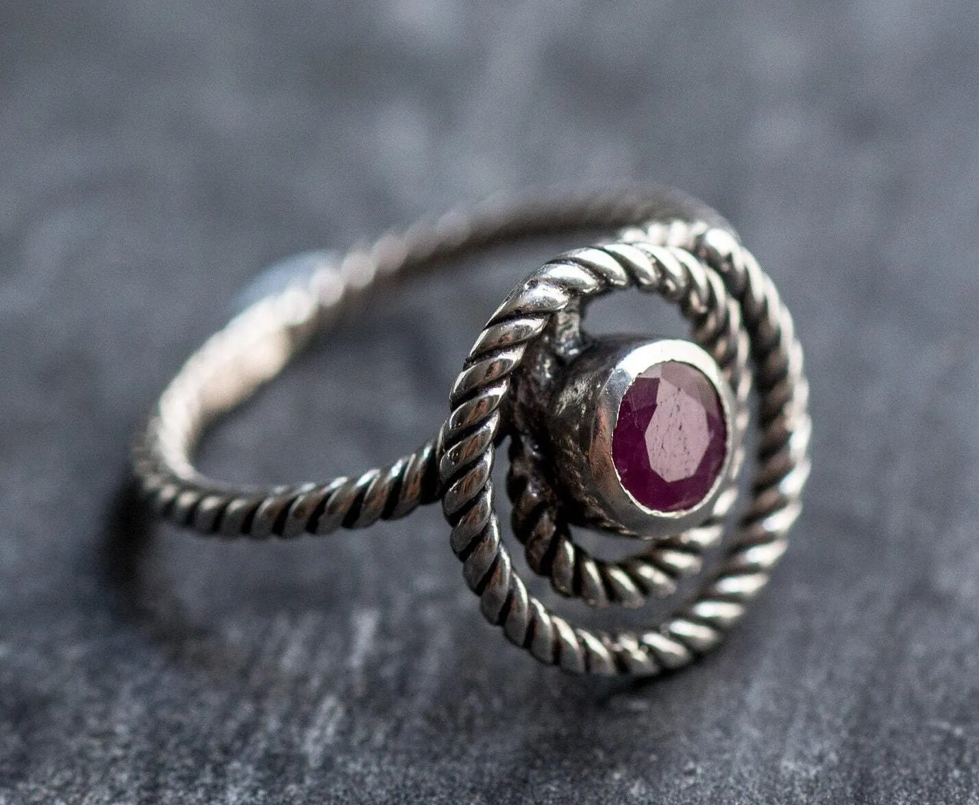 Swirl Ruby Ring - Spiral Rope Ring - Red Bezel Ring