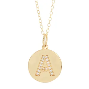 Tarnish Resistant 14k Gold Plated Initial Pave Disc Necklace