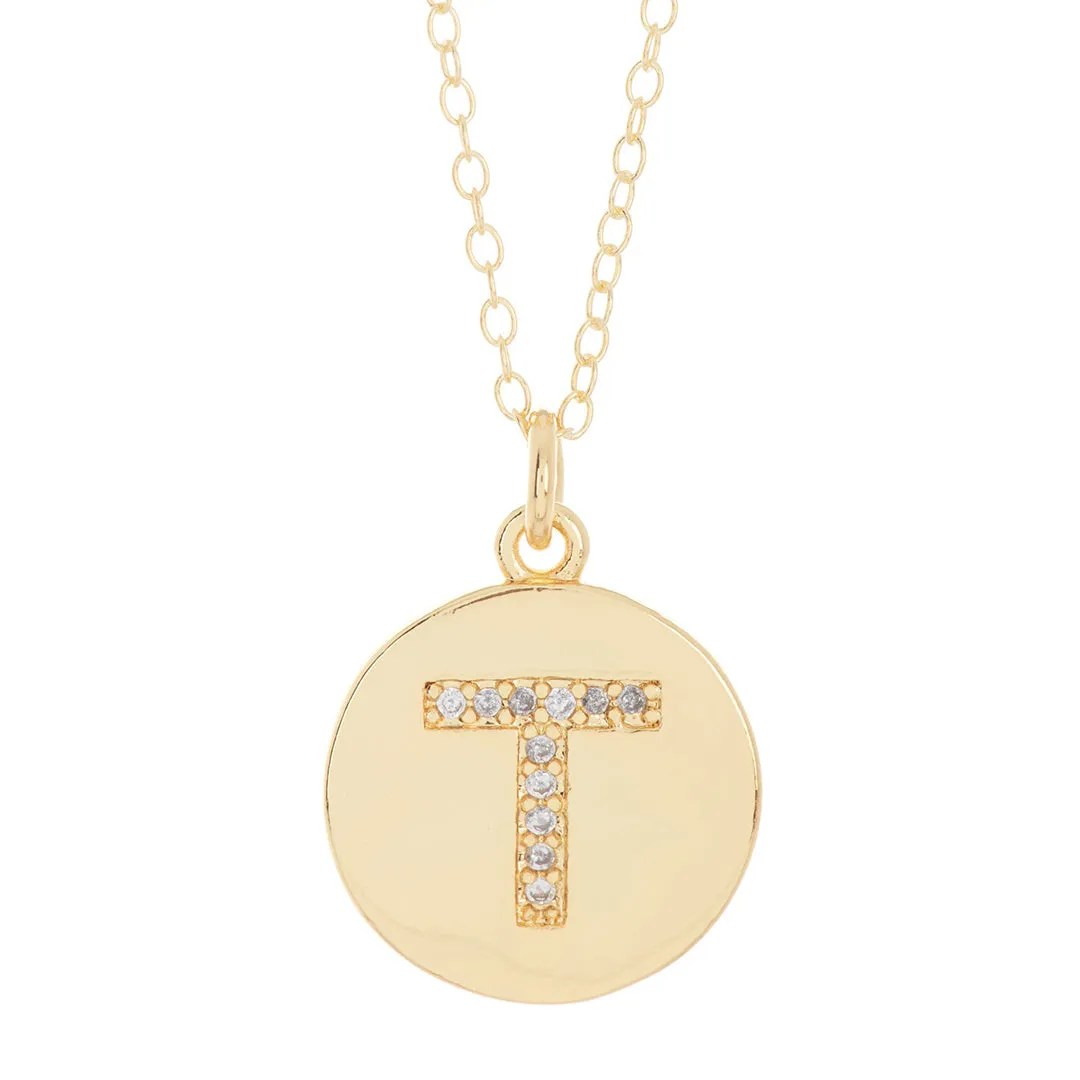 Tarnish Resistant 14k Gold Plated Initial Pave Disc Necklace