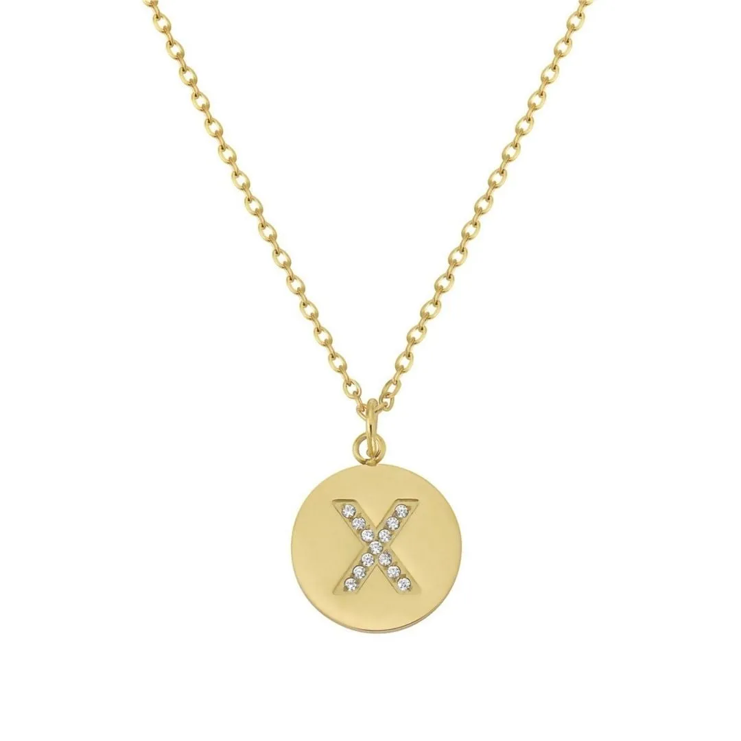 Tarnish Resistant 14k Gold Plated Initial Pave Disc Necklace