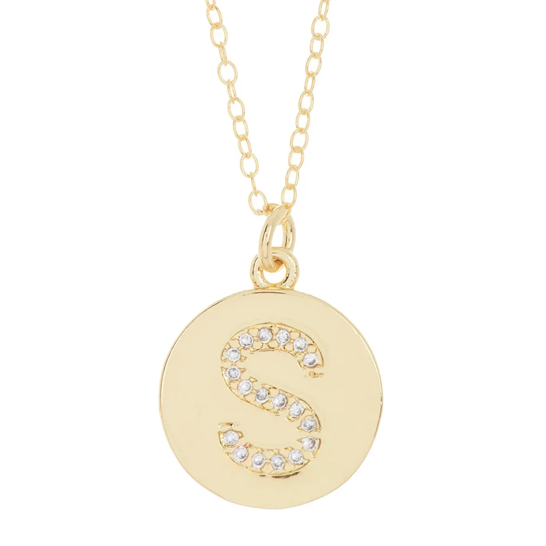 Tarnish Resistant 14k Gold Plated Initial Pave Disc Necklace