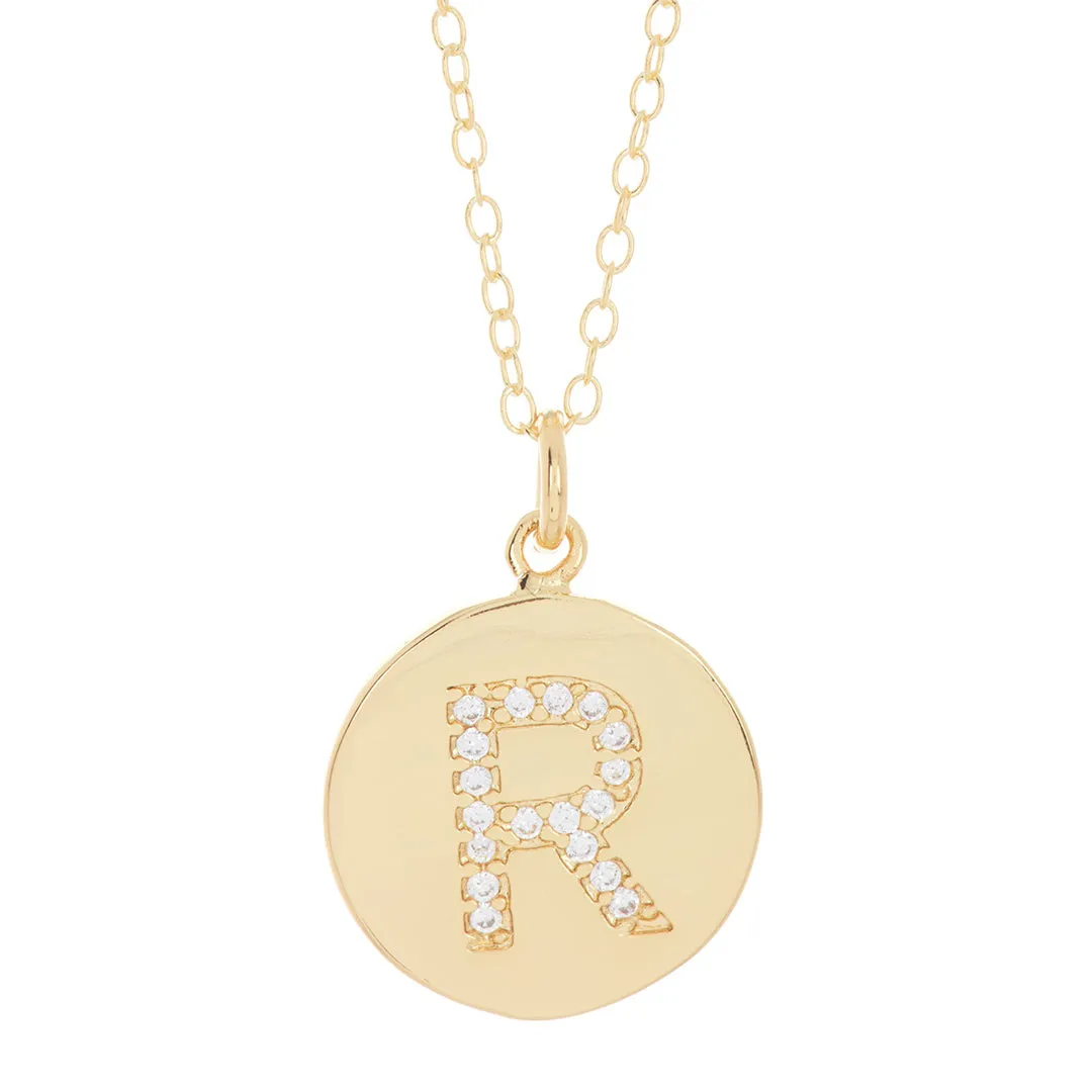 Tarnish Resistant 14k Gold Plated Initial Pave Disc Necklace