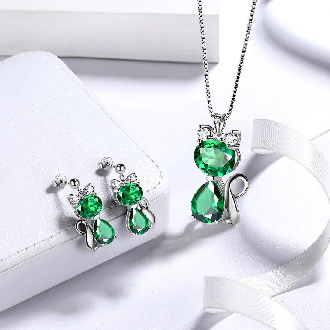 Tokyo Mart Cat Birthstone May Emerald Necklace Women Girls Jewelry Birthday Gift Sterling Silver